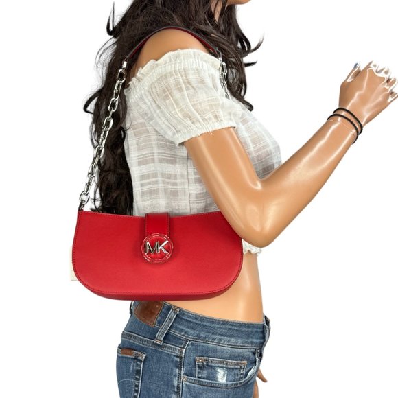 Michael Kors Carmen Small Pouchette Shoulder Chain Bag Bright Red/Silver - Picture 1 of 13
